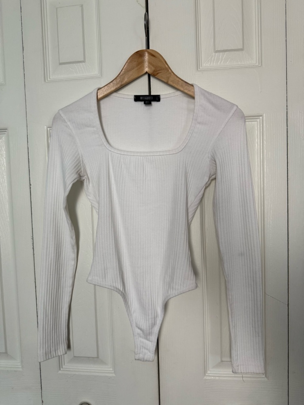 Missguided White Ribbed Square-Neck Long Sleeve Bodysuit